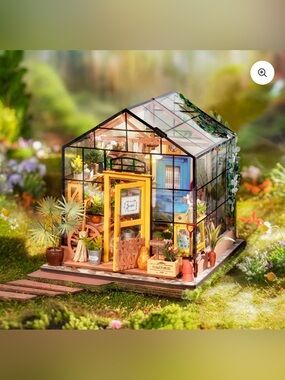 Miniature Glass Greenhouse Dollhouse with Yellow Door